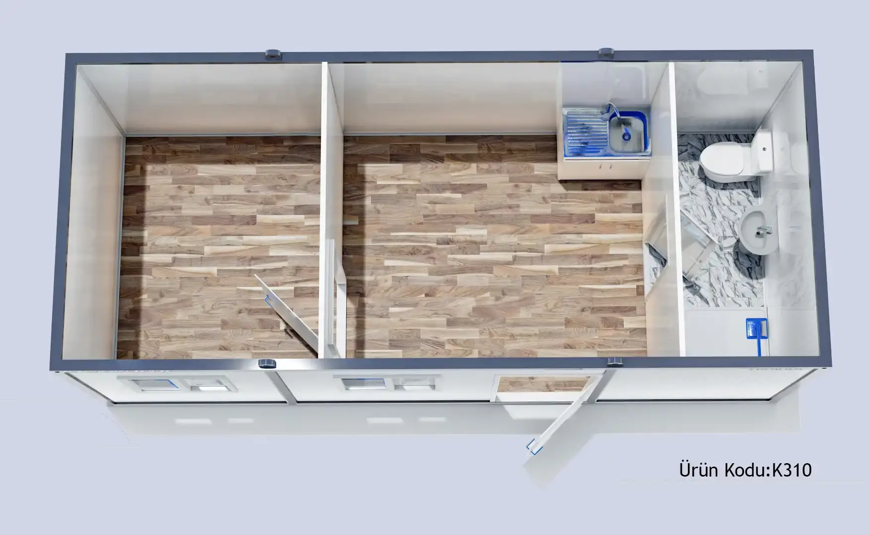 300x700 K310 İki Oda Konteyner Wc-Duş-Mutfak